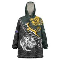 New Zealand and South Africa Rugby Personalised Wearable Blanket Hoodie Maori Kiwi With Springboks LT15 One Size Black - Polynesian Pride