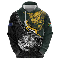 New Zealand and South Africa Rugby Personalised Zip Hoodie Maori Kiwi With Springboks LT15 - Polynesian Pride