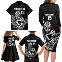 New Zealand Silver Fern Rugby Custom Family Matching Long Sleeve Bodycon Dress and Hawaiian Shirt Maori Tiki Black Version LT15 - Polynesian Pride