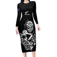 New Zealand Silver Fern Rugby Custom Family Matching Long Sleeve Bodycon Dress and Hawaiian Shirt Maori Tiki Black Version LT15 Mom's Dress Black - Polynesian Pride
