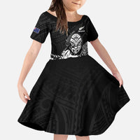 New Zealand Silver Fern Rugby Custom Family Matching Off The Shoulder Long Sleeve Dress and Hawaiian Shirt Maori Tiki Black Version LT15 Daughter's Dress Black - Polynesian Pride