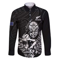New Zealand Silver Fern Rugby Custom Family Matching Off The Shoulder Long Sleeve Dress and Hawaiian Shirt Maori Tiki Black Version LT15 Dad's Shirt - Long Sleeve Black - Polynesian Pride