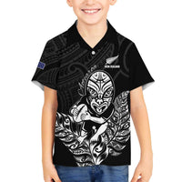 New Zealand Silver Fern Rugby Custom Family Matching Off The Shoulder Long Sleeve Dress and Hawaiian Shirt Maori Tiki Black Version LT15 Son's Shirt Black - Polynesian Pride