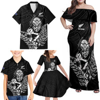 New Zealand Silver Fern Rugby Custom Family Matching Off Shoulder Maxi Dress and Hawaiian Shirt Maori Tiki Black Version LT15 - Polynesian Pride