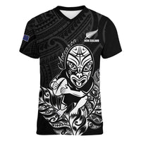 New Zealand Silver Fern Rugby Custom Women V-Neck T-Shirt Maori Tiki Black Version LT15 Female Black - Polynesian Pride