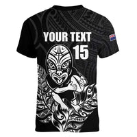 New Zealand Silver Fern Rugby Custom Women V-Neck T-Shirt Maori Tiki Black Version LT15 - Polynesian Pride