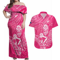 New Zealand Silver Fern Rugby Custom Couples Matching Off Shoulder Maxi Dress and Hawaiian Shirt Maori Tiki Pink Version LT15 Pink - Polynesian Pride