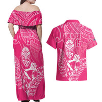 New Zealand Silver Fern Rugby Custom Couples Matching Off Shoulder Maxi Dress and Hawaiian Shirt Maori Tiki Pink Version LT15 - Polynesian Pride