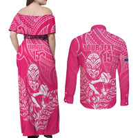 New Zealand Silver Fern Rugby Custom Couples Matching Off Shoulder Maxi Dress and Long Sleeve Button Shirt Maori Tiki Pink Version LT15 - Polynesian Pride