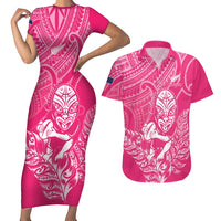 New Zealand Silver Fern Rugby Custom Couples Matching Short Sleeve Bodycon Dress and Hawaiian Shirt Maori Tiki Pink Version