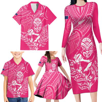 New Zealand Silver Fern Rugby Custom Family Matching Long Sleeve Bodycon Dress and Hawaiian Shirt Maori Tiki Pink Version LT15 - Polynesian Pride