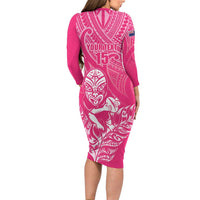 New Zealand Silver Fern Rugby Custom Family Matching Long Sleeve Bodycon Dress and Hawaiian Shirt Maori Tiki Pink Version LT15 - Polynesian Pride