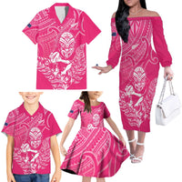 New Zealand Silver Fern Rugby Custom Family Matching Off The Shoulder Long Sleeve Dress and Hawaiian Shirt Maori Tiki Pink Version