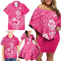 New Zealand Silver Fern Rugby Custom Family Matching Off Shoulder Short Dress and Hawaiian Shirt Maori Tiki Pink Version LT15 - Polynesian Pride