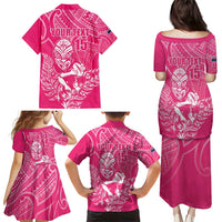 New Zealand Silver Fern Rugby Custom Family Matching Puletasi and Hawaiian Shirt Maori Tiki Pink Version LT15 - Polynesian Pride