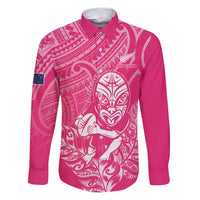New Zealand Silver Fern Rugby Custom Family Matching Puletasi and Hawaiian Shirt Maori Tiki Pink Version LT15 Dad's Shirt - Long Sleeve Pink - Polynesian Pride