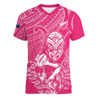 New Zealand Silver Fern Rugby Custom Women V-Neck T-Shirt Maori Tiki Pink Version LT15 Female Pink - Polynesian Pride
