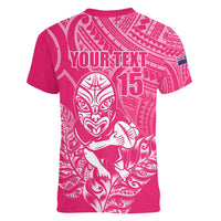 New Zealand Silver Fern Rugby Custom Women V-Neck T-Shirt Maori Tiki Pink Version LT15 - Polynesian Pride