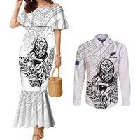 New Zealand Silver Fern Rugby Custom Couples Matching Mermaid Dress and Long Sleeve Button Shirt Maori Tiki White Version LT15 White - Polynesian Pride
