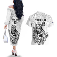 New Zealand Silver Fern Rugby Custom Couples Matching Off The Shoulder Long Sleeve Dress and Hawaiian Shirt Maori Tiki White Version LT15 - Polynesian Pride