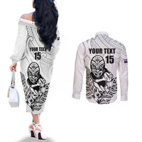 New Zealand Silver Fern Rugby Custom Couples Matching Off The Shoulder Long Sleeve Dress and Long Sleeve Button Shirt Maori Tiki White Version LT15 - Polynesian Pride