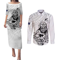 New Zealand Silver Fern Rugby Custom Couples Matching Puletasi and Long Sleeve Button Shirt Maori Tiki White Version LT15 White - Polynesian Pride