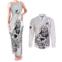 New Zealand Silver Fern Rugby Custom Couples Matching Tank Maxi Dress and Long Sleeve Button Shirt Maori Tiki White Version LT15 White - Polynesian Pride
