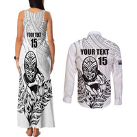 New Zealand Silver Fern Rugby Custom Couples Matching Tank Maxi Dress and Long Sleeve Button Shirt Maori Tiki White Version LT15 - Polynesian Pride