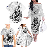 New Zealand Silver Fern Rugby Custom Family Matching Off The Shoulder Long Sleeve Dress and Hawaiian Shirt Maori Tiki White Version LT15 - Polynesian Pride