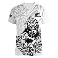 New Zealand Silver Fern Rugby Custom Women V-Neck T-Shirt Maori Tiki White Version LT15 Female White - Polynesian Pride