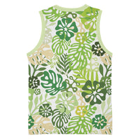 Green Aloha Hawaiian Basketball Jersey Monstera Hibiscus Tropical Pattern