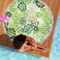 Green Aloha Hawaiian Beach Blanket Monstera Hibiscus Tropical Pattern