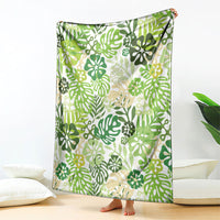 Green Aloha Hawaiian Blanket Monstera Hibiscus Tropical Pattern