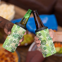 Green Aloha Hawaiian 4 in 1 Can Cooler Tumbler Monstera Hibiscus Tropical Pattern