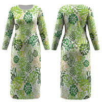 Green Aloha Hawaiian Couples Matching Long Sleeve Bodycon Dress and Long Sleeve Button Shirt Monstera Hibiscus Tropical Pattern