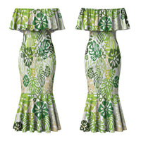 Green Aloha Hawaiian Couples Matching Mermaid Dress and Hawaiian Shirt Monstera Hibiscus Tropical Pattern