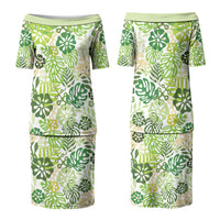 Green Aloha Hawaiian Couples Matching Puletasi and Hawaiian Shirt Monstera Hibiscus Tropical Pattern