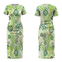 Green Aloha Hawaiian Couples Matching Short Sleeve Bodycon Dress and Long Sleeve Button Shirt Monstera Hibiscus Tropical Pattern