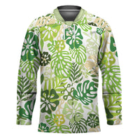 Green Aloha Hawaiian Hockey Jersey Monstera Hibiscus Tropical Pattern