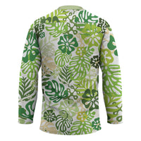 Green Aloha Hawaiian Hockey Jersey Monstera Hibiscus Tropical Pattern