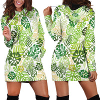 Green Aloha Hawaiian Hoodie Dress Monstera Hibiscus Tropical Pattern