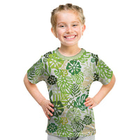 Green Aloha Hawaiian Kid T Shirt Monstera Hibiscus Tropical Pattern