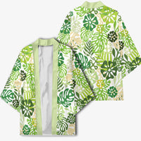 Green Aloha Hawaiian Kimono Monstera Hibiscus Tropical Pattern