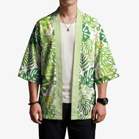 Green Aloha Hawaiian Kimono Monstera Hibiscus Tropical Pattern