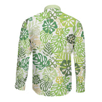 Green Aloha Hawaiian Long Sleeve Button Shirt Monstera Hibiscus Tropical Pattern