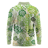 Green Aloha Hawaiian Long Sleeve Polo Shirt Monstera Hibiscus Tropical Pattern