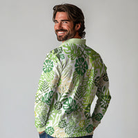 Green Aloha Hawaiian Long Sleeve Polo Shirt Monstera Hibiscus Tropical Pattern