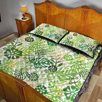 Green Aloha Hawaiian Quilt Bed Set Monstera Hibiscus Tropical Pattern