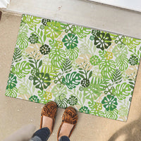 Green Aloha Hawaiian Rubber Doormat Monstera Hibiscus Tropical Pattern