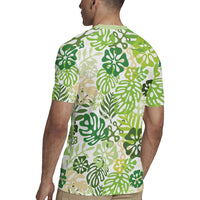 Green Aloha Hawaiian Rugby Jersey Monstera Hibiscus Tropical Pattern